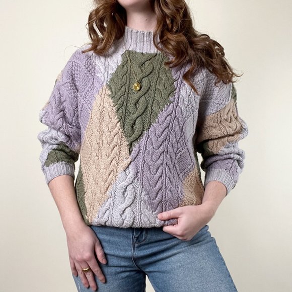 Rare Vintage Handmade Cable Knit Wool Oversized Sweater Chunky Slouchy Mock Crew - Picture 8 of 8